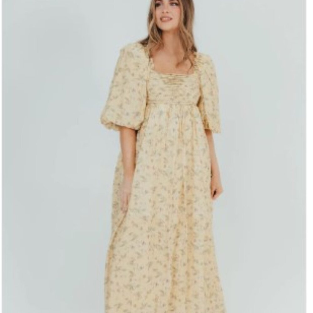 Melody Maxi Dress with Pleats and Bow Detail in Yellow Floral